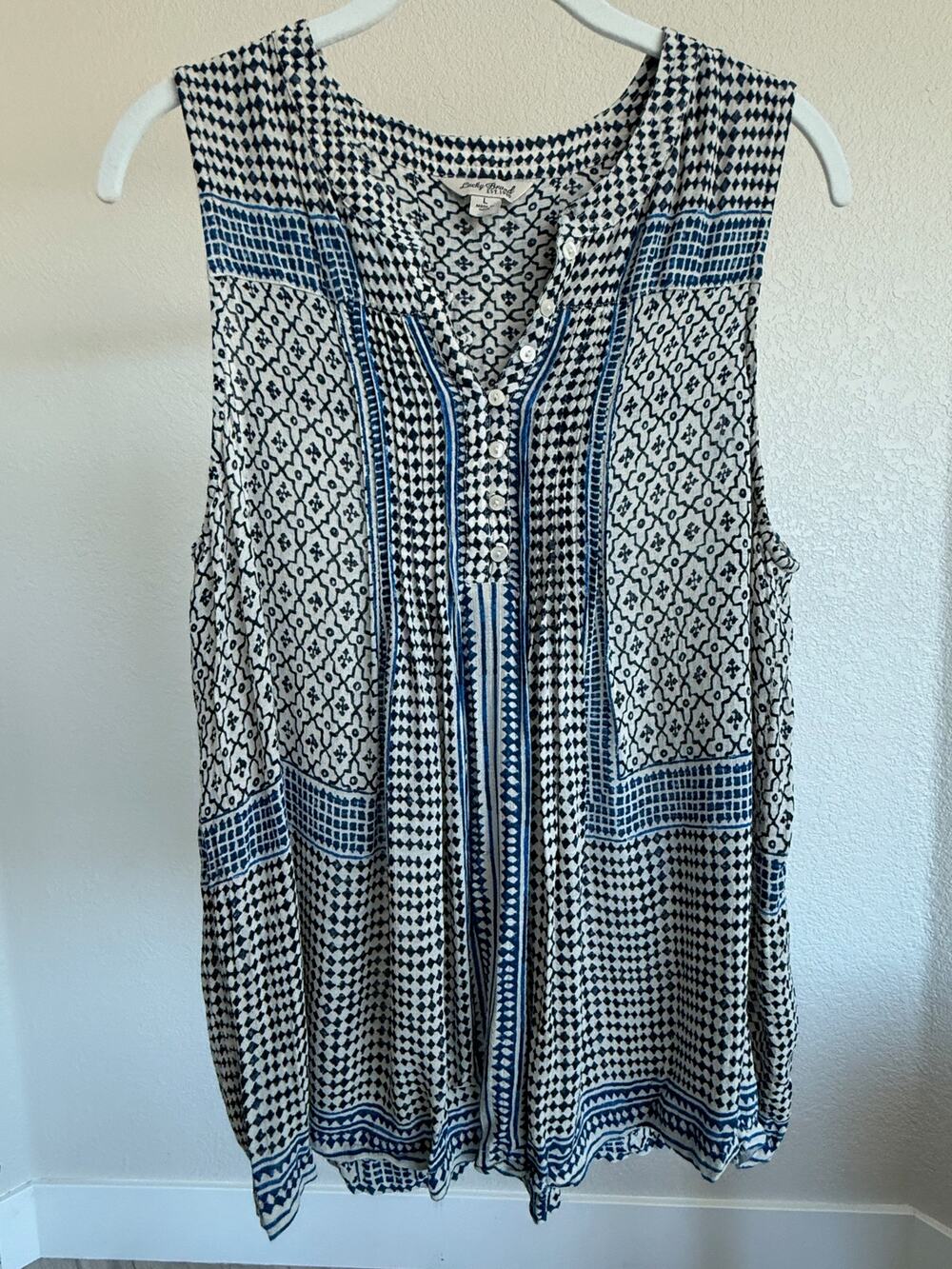 Lucky Brand Blue White Boho Print Sleeveless Tunic Top Size Large